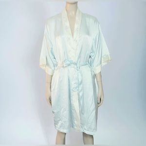 Barbizon Satin Belted Robe Womens M Blue Embroidered Kimono Style Knee Length